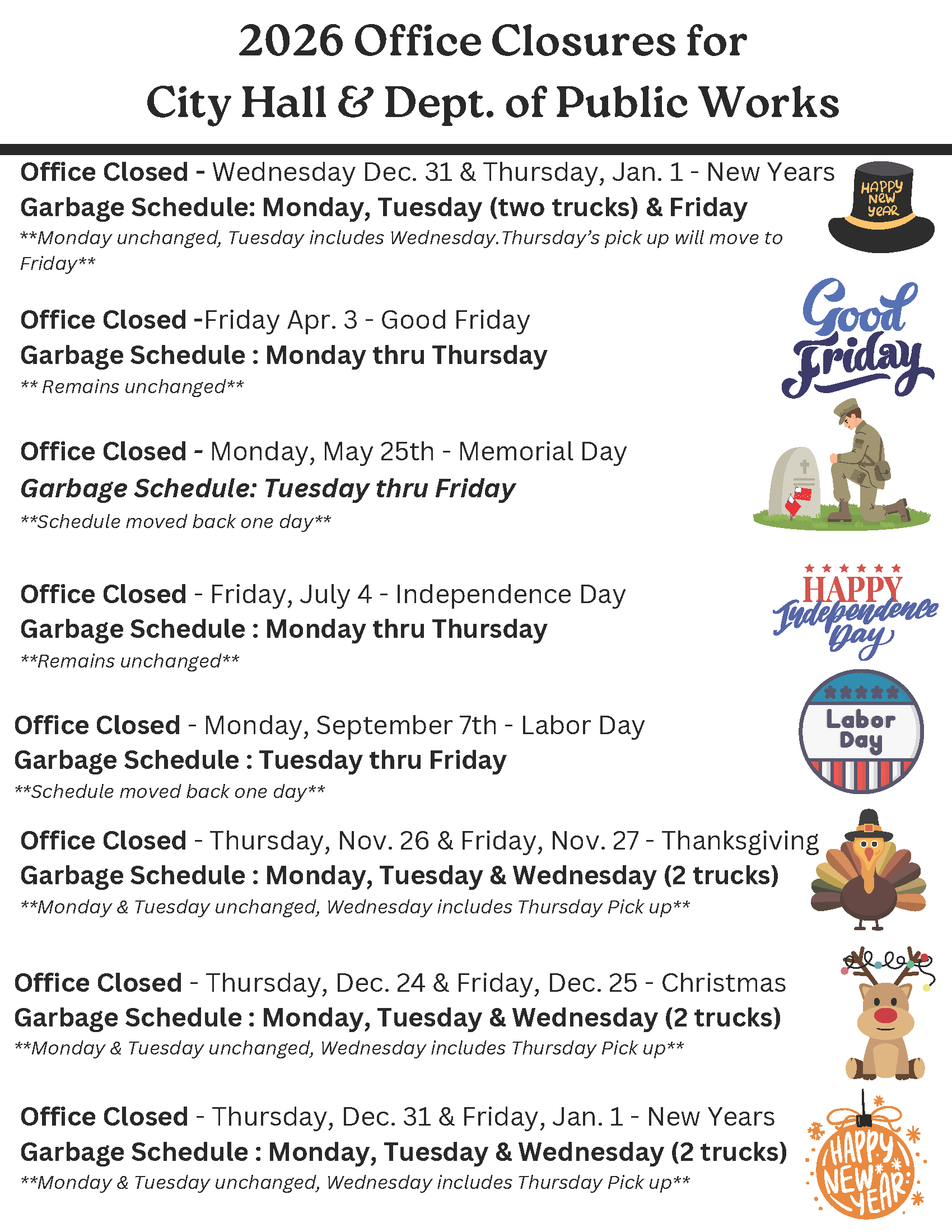 2026 Office Closings, Garbage Pick Up Schedule Image